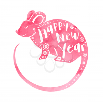 Cute rat symbol of Chinese zodiac for new year. Pink watercolor silhouette of rat and lettering. Vector illustration