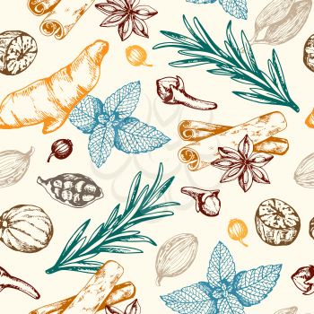 Vintage hand drawn floral seamless pattern with spices and herbs. Vector background