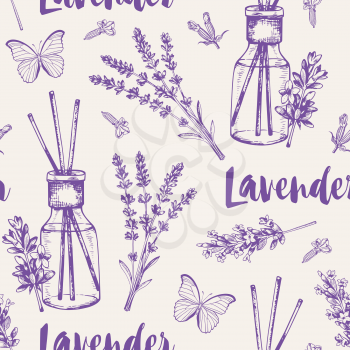 Vintage seamless pattern with lavender flowers, perfume and butterflies. Spa and aromatherapy ingredients. Hand drawn vector background