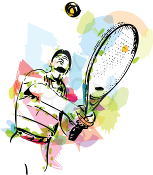 Colorful abstract sketch of one man tennis player at service serving silhouette