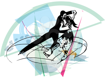 abstract illustration of couple ice skaters skating at colorful sports arena