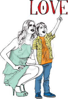 Sketch of little boy having fun with her beautiful mother. Vector illustration