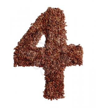 Number 4 made with Linseed also known as flaxseed isolated on white background. Clipping Path included