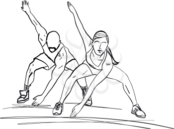 Couple doing yoga, abstract lines drawing vector illustration