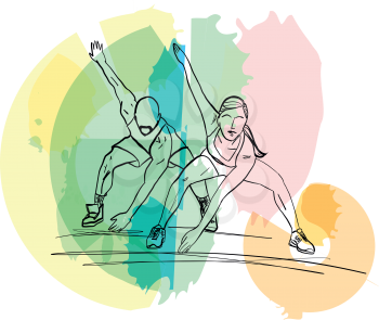 Couple doing yoga, abstract lines drawing vector illustration