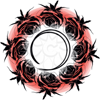 Black silhouette of rose in a circle frame. Vector Illustration