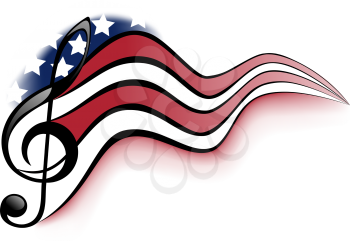 Treble clef and notes on a background winding United States of America flag