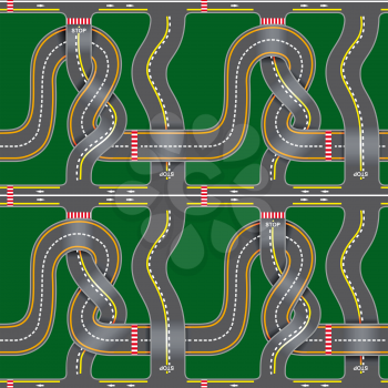 Seamless road map with bridges, bends, asphalt on green background