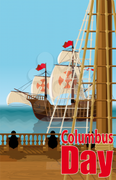 Columbus Day. The view from the deck of one of Columbus ships over the ocean and neighboring Caravel