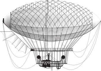 Fictional retro dirigible with basket passenger ladders and left wing on white background