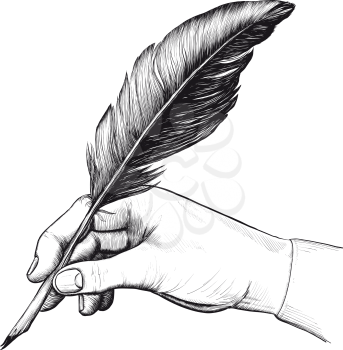 Vintage drawing of hand with a feather pen in style of an engraving