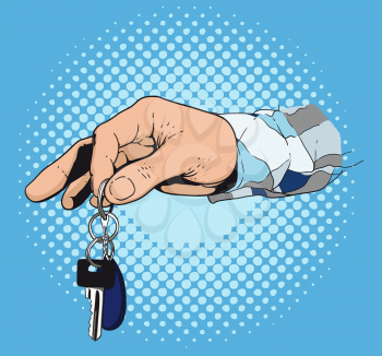 A man s hand giving a key to an apartment or car. Made in retro style