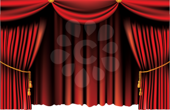push the red theater curtain with tassels and cord