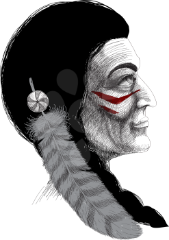 Portrait of an Indian male warrior with a feather in her hair and combat coloring