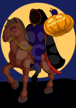 Jack o lantern Halloween symbol on the horse on the background of the moon