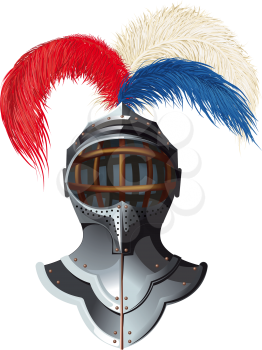 Knight's steel helmet with colorful plumage and a raised visor