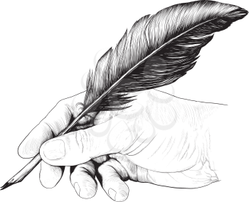 Vintage drawing of hand with a feather pen in style of an engraving