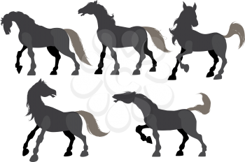 Five silhouette frolicking horses isolated on white