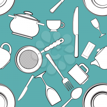 seamless background with antique kitchen utensils and tableware