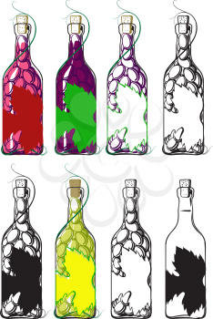 Conceptual sketch of bottles of wine from grape berries inside and a label similar to the leaf