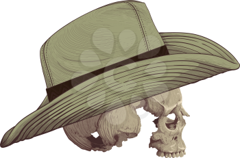 human skull in profile without mandible clad cowboy hat drawn as engraving isolated on white background