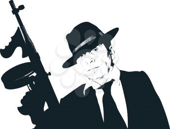 Strict classical mafia in a hat and suit with a tie with a gun Tommy gan in his hand