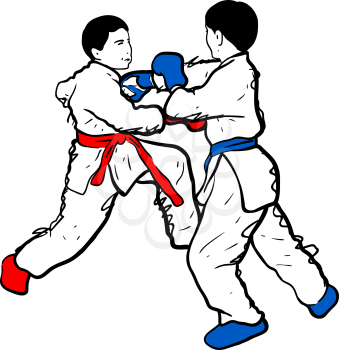 doodle two fighting children of karatekas at competitions red and blue outfit