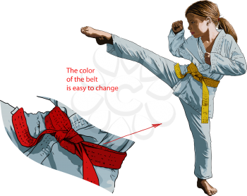 A young girl karate in a kimono strikes her foot. color belt easy to change
