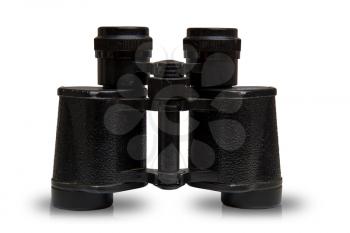 Old black binoculars view from the side isolated on white background