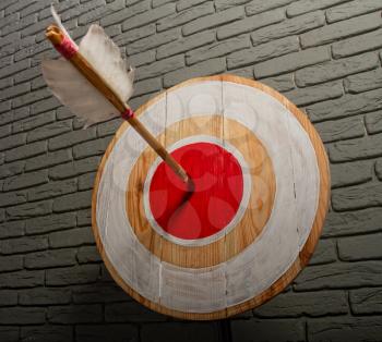 Rough wooden target with a single arrow caught right in the center of a red circle against a gray brick wall