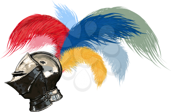 steel helmet, fully face-protecting, medieval helmet with a plume of colored feathers