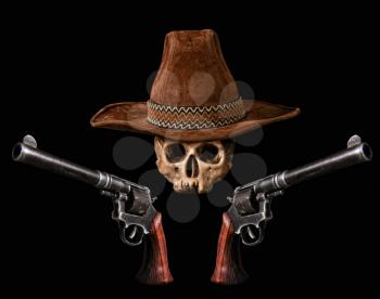 Skull in a traditional wide-brimmed cowboy hat with two revolvers on a dark background