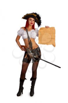 Armed sexy girl pirate captain in stockings and a miniskirt holding a blank parchment with space for a card or text