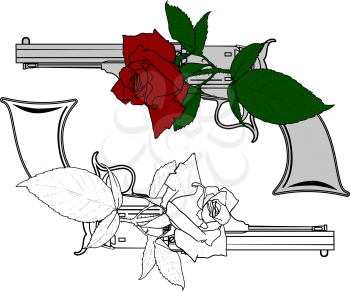 Old cowboy revolver and rose flower on it colored and black on a white background
