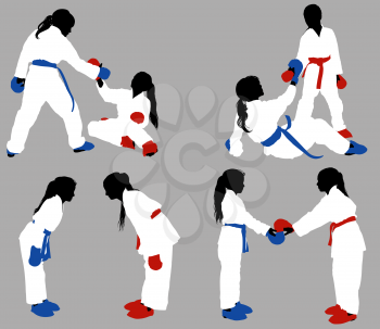 Teenage karate girls in white kimonos and blue and red outfits help each other out in training and show respect before the fight.