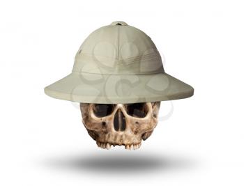 human skull in tropical cork helmet hat isolated on white background