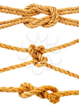 a small set of classic nautical knots tied from a rough natural rope and isolated on a white background