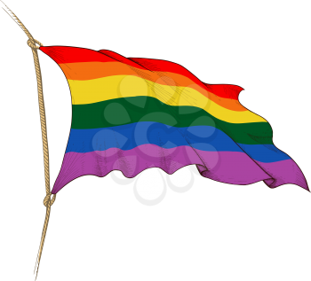beautiful waving rainbow LGBT flag painted in retro style as an engraving isolated on white background