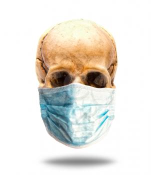 Human skull in simple thin medical mask for protection against viral infection. Isolated on white background.