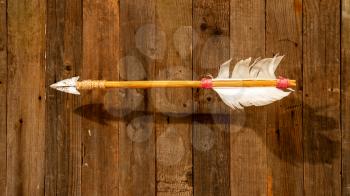 short arrow from a bow or crossbow with plumage on a wooden background