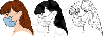 a young girl wearing a protective medical mask on her face in several versions