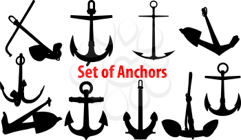 set of black silhouettes of different types of anchors