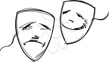 Two theatrical comedy and tragedy masks casually drawn in outline doodle form on white background