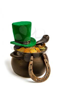 green classic leprechaun hat smoking pipe horseshoe symbol of luck and treasure pot on white background