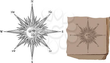 Old engraved stylized image of a compass and a wind rose with the face of the sun in the center. 