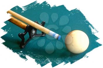 Royalty Free Photo of a Pool Cue and Ball on a Blue Background