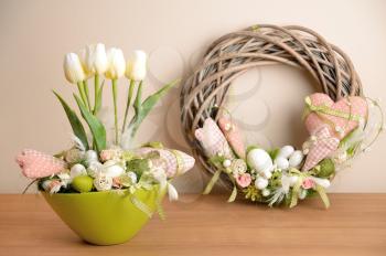 The spring decoration placed on the wood desk.