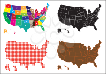 Several maps of USA in mosaic. Maps of USA has brown, black, red and many others color.
