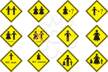 Vector image of yellow marks with man and female in different situation.