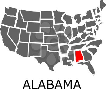 Bordering geographical map of USA with State of Alabama marked with red color.